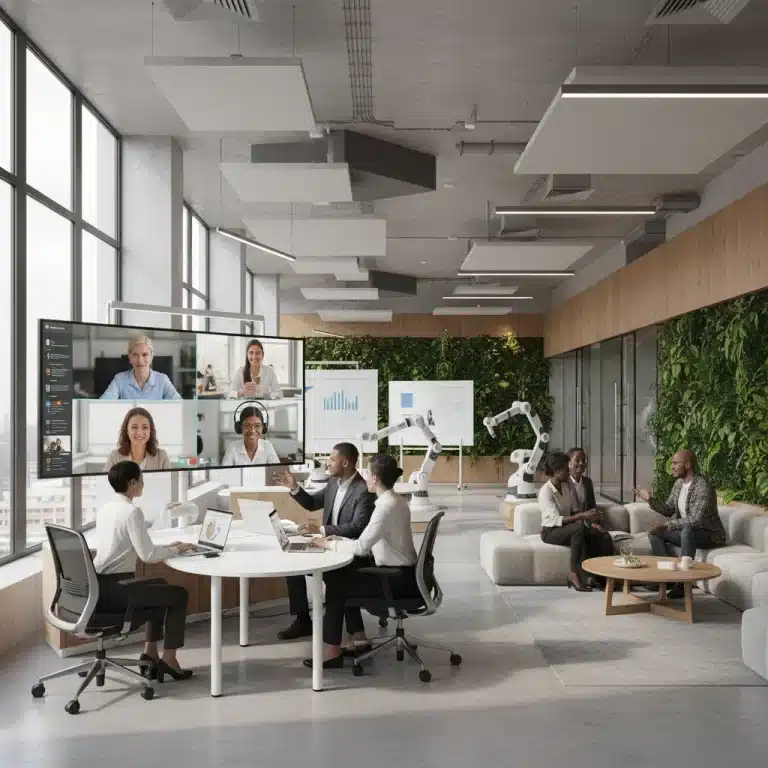 Profesionales colaborando en un entorno de trabajo híbrido moderno con tecnología avanzada.