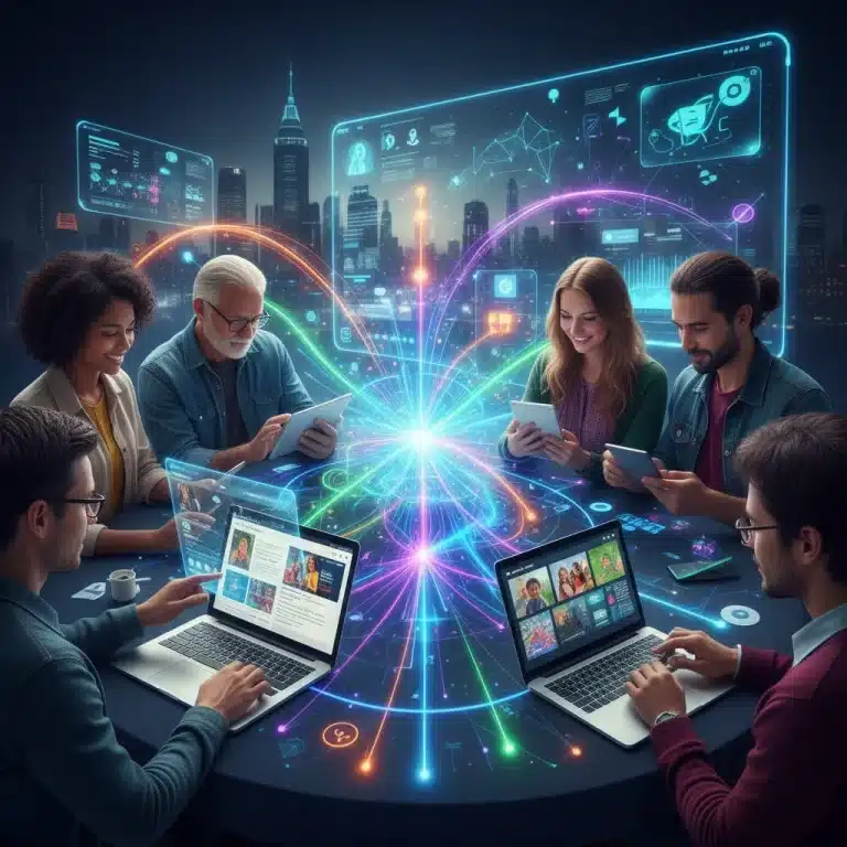 Usuarios interactuando con contenido web personalizado en diferentes dispositivos