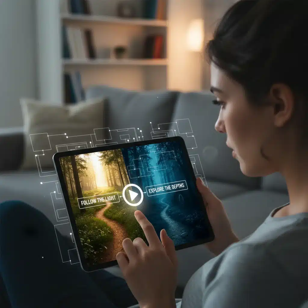 Pessoa assistindo vídeo interativo em tablet, com opções de escolha na tela.