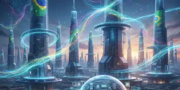 Cenário digital futurista da Web3 com conexões blockchain no Brasil, representando inovação e colaboração.