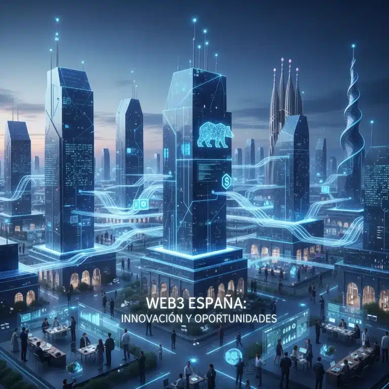 Paisaje urbano digital futurista con nodos blockchain, representando la evolución de Web3 en el entorno empresarial español.