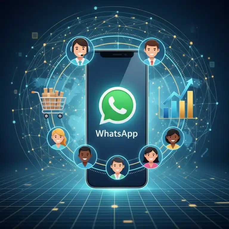 Smartphone con logo de WhatsApp Business y gráficos de crecimiento, simbolizando éxito empresarial y satisfacción del cliente.