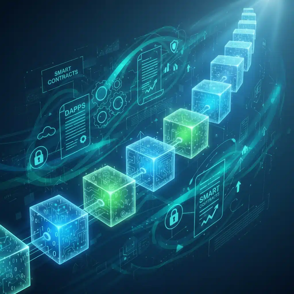 Representación visual de la tecnología blockchain con bloques interconectados y contratos inteligentes, simbolizando seguridad y eficiencia en transacciones empresariales.