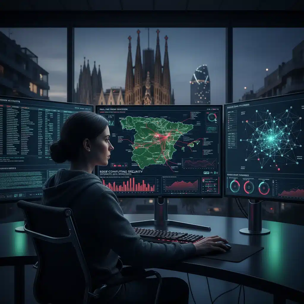 Profesional de ciberseguridad gestionando la seguridad de datos en entornos Edge Computing en España.