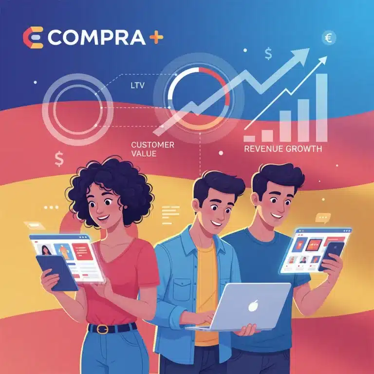 Clientes satisfechos en un e-commerce español, simbolizando retención y lealtad