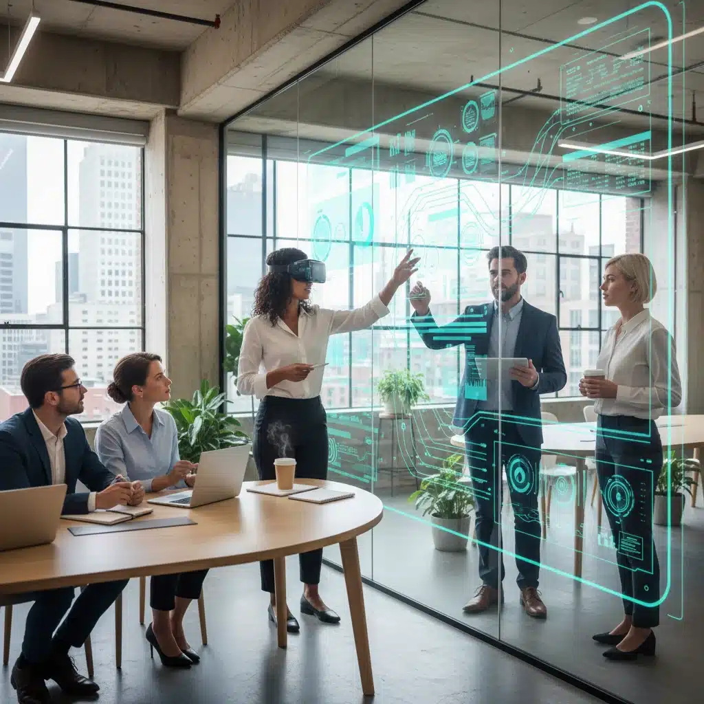 Profesionales de negocios colaborando con pantallas táctiles y gafas de realidad aumentada, aplicando IA en un entorno de oficina moderno.