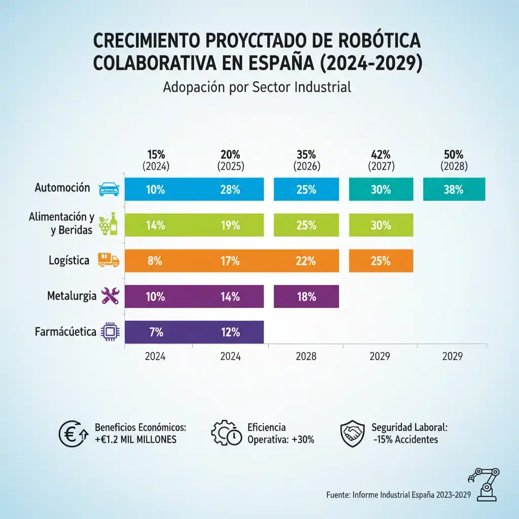 Gráfico que muestra el crecimiento proyectado de la adopción de robots colaborativos en diferentes sectores industriales españoles.