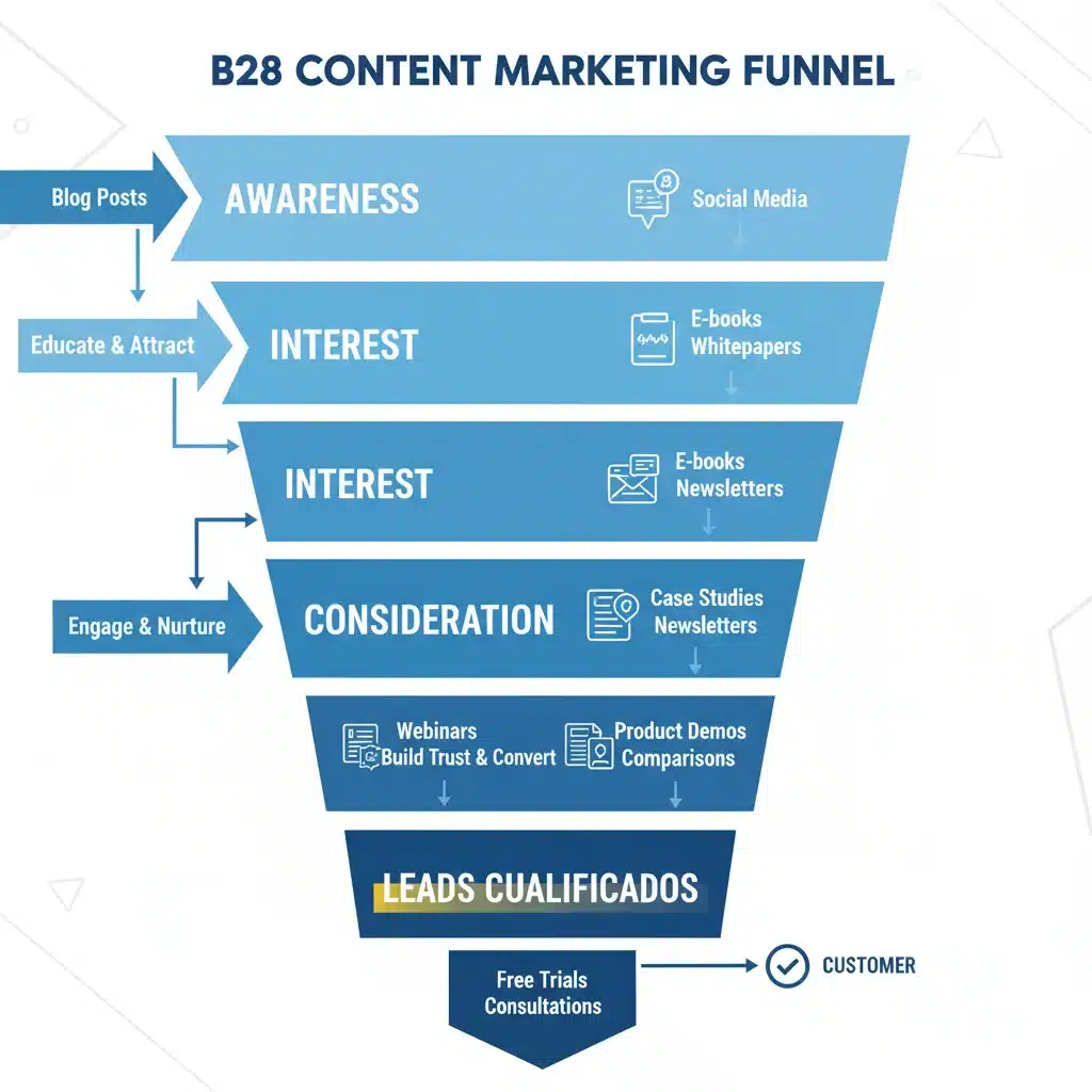 Embudo de marketing de contenidos B2B con etapas de concienciación, consideración y decisión.