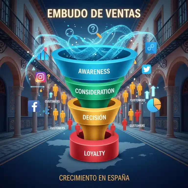 Embudo de ventas digital con Inbound Marketing en España, mostrando la progresión de leads a clientes.