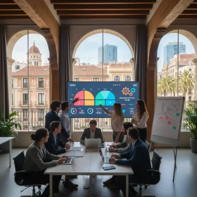 Equipo diverso colaborando en un entorno ágil para la innovación de productos en España.