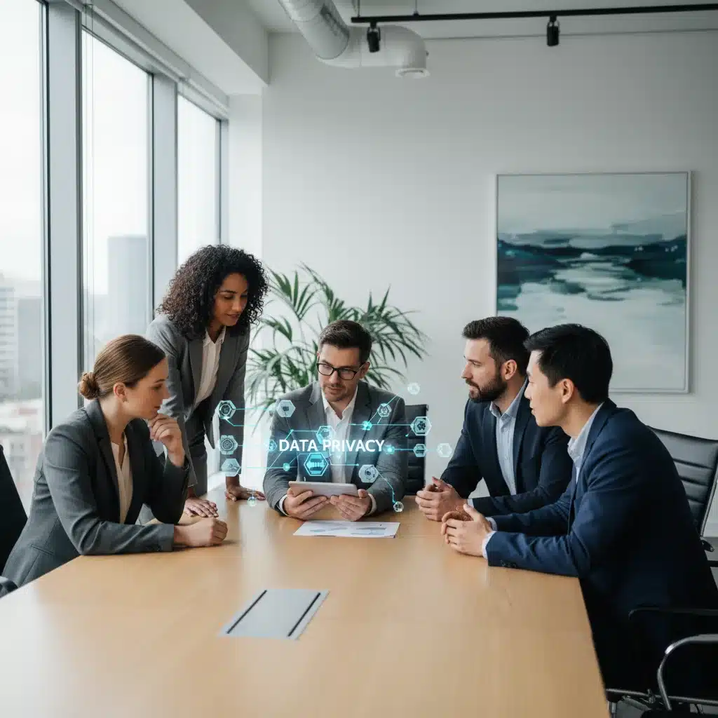 Equipo de profesionales de negocios discutiendo estrategias de privacidad de datos en una oficina moderna.