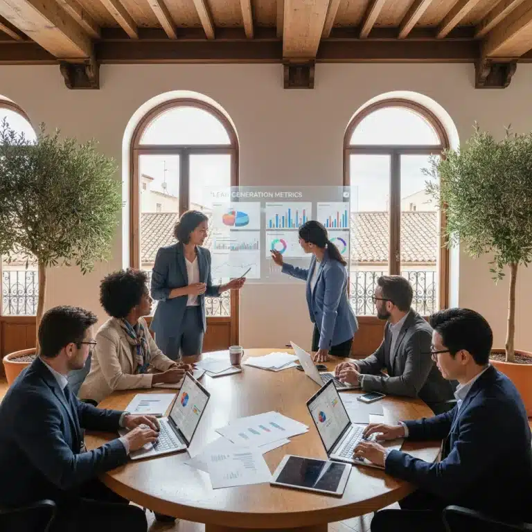 Profesionales de marketing B2B colaborando en estrategias de contenido para generar leads en España.