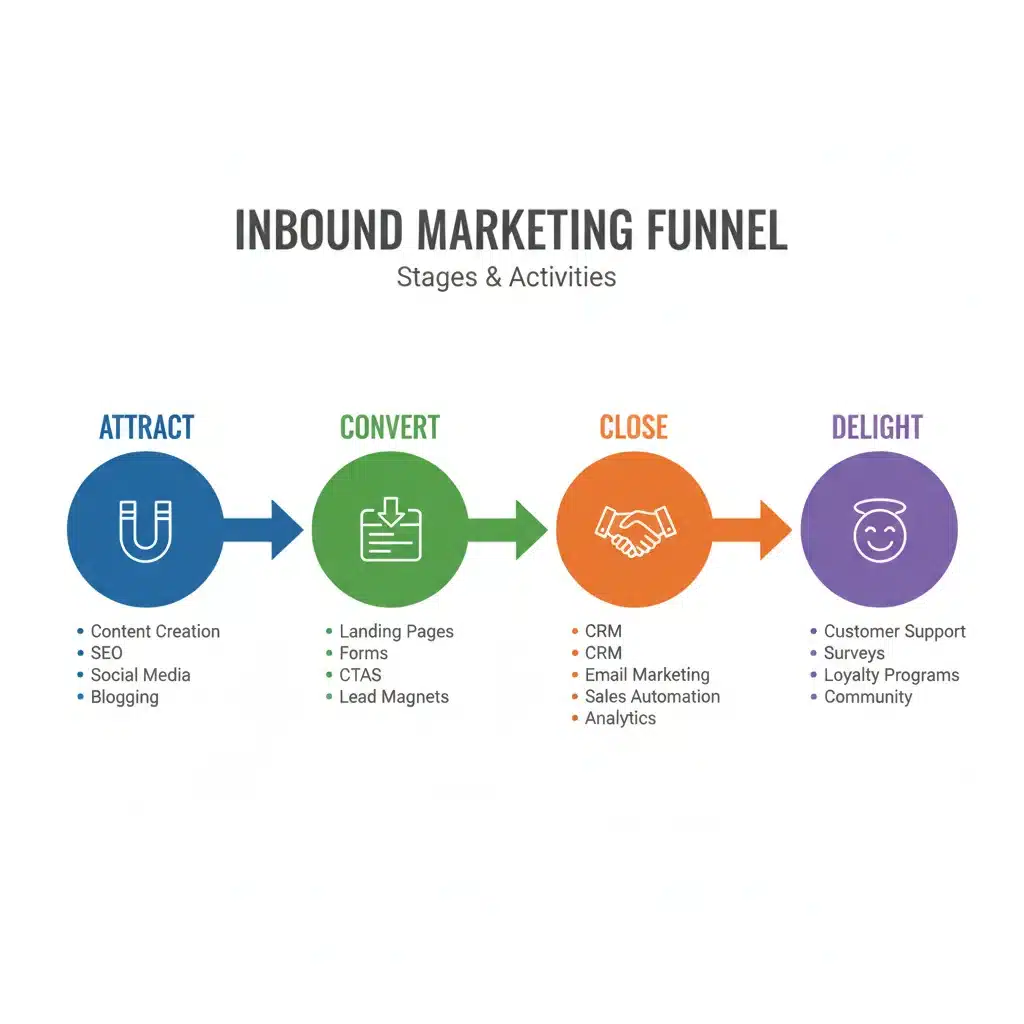 Infografía detallada de las etapas del embudo de Inbound Marketing: Atraer, Convertir, Cerrar y Deleitar.