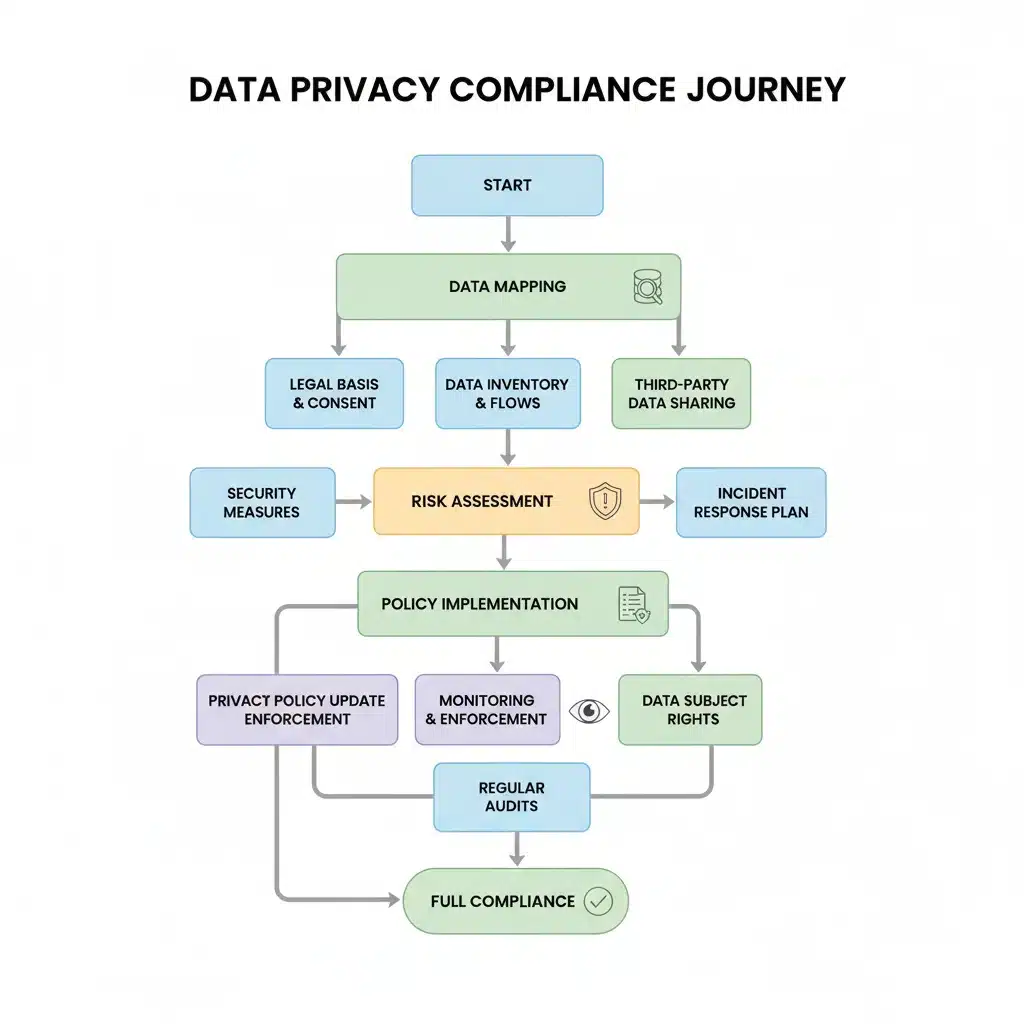 Diagrama de flujo mostrando los pasos para la conformidad con la privacidad de datos para negocios online.