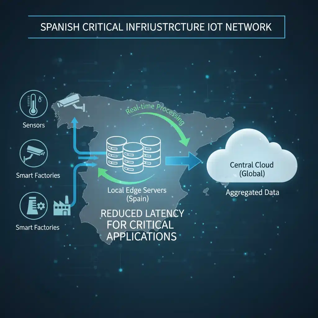 Diagrama de flujo de datos en un ecosistema Edge Computing español, mostrando la optimización de latencia.