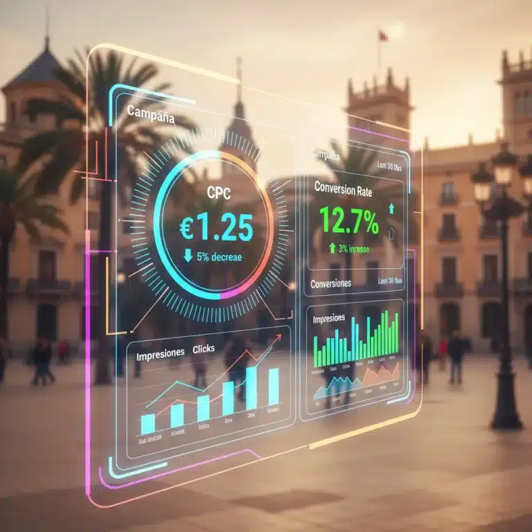 Panel de control de Google Ads con gráficos de rendimiento y reducción de CPC en España.