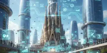Paisaje urbano español futurista con elementos tecnológicos y personas interactuando con hologramas, representando la innovación empresarial en España en 2026.