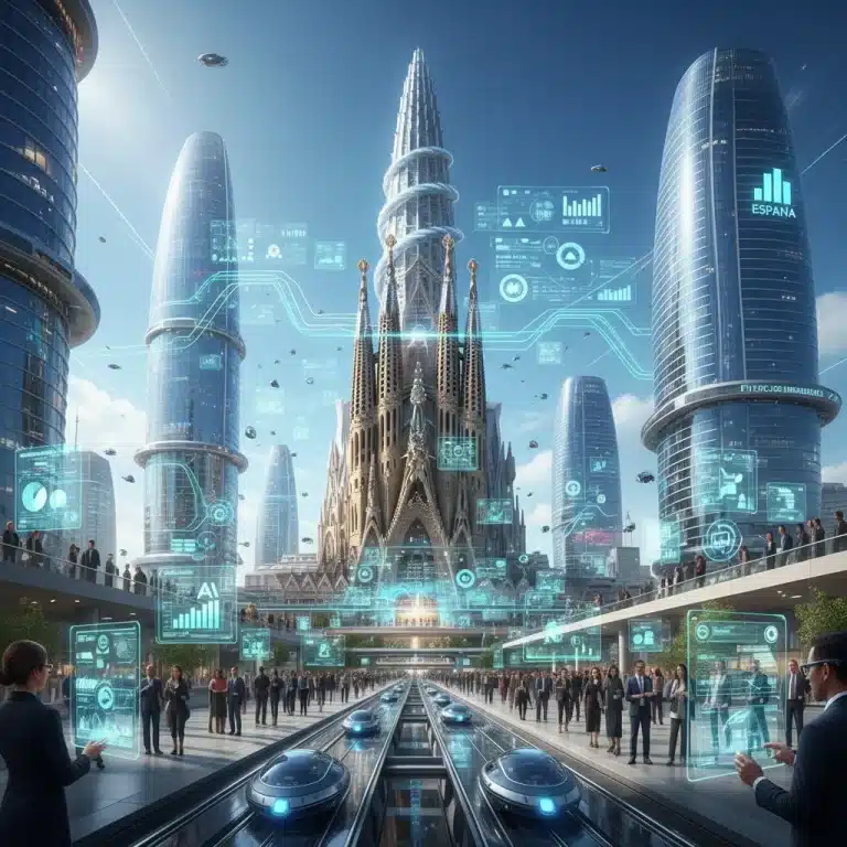 Paisaje urbano español futurista con elementos tecnológicos y personas interactuando con hologramas, representando la innovación empresarial en España en 2026.