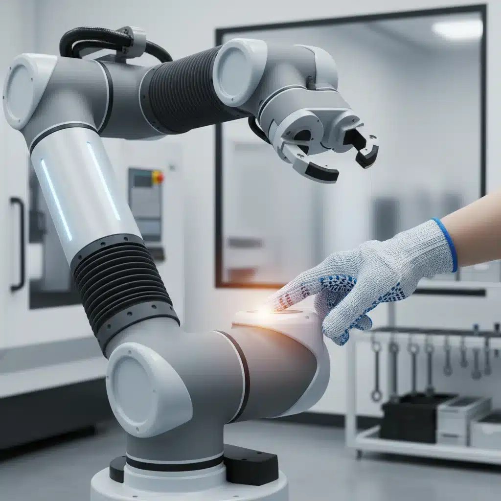 Mano humana guiando un brazo de robot colaborativo en un entorno de fabricación, demostrando interacción segura.