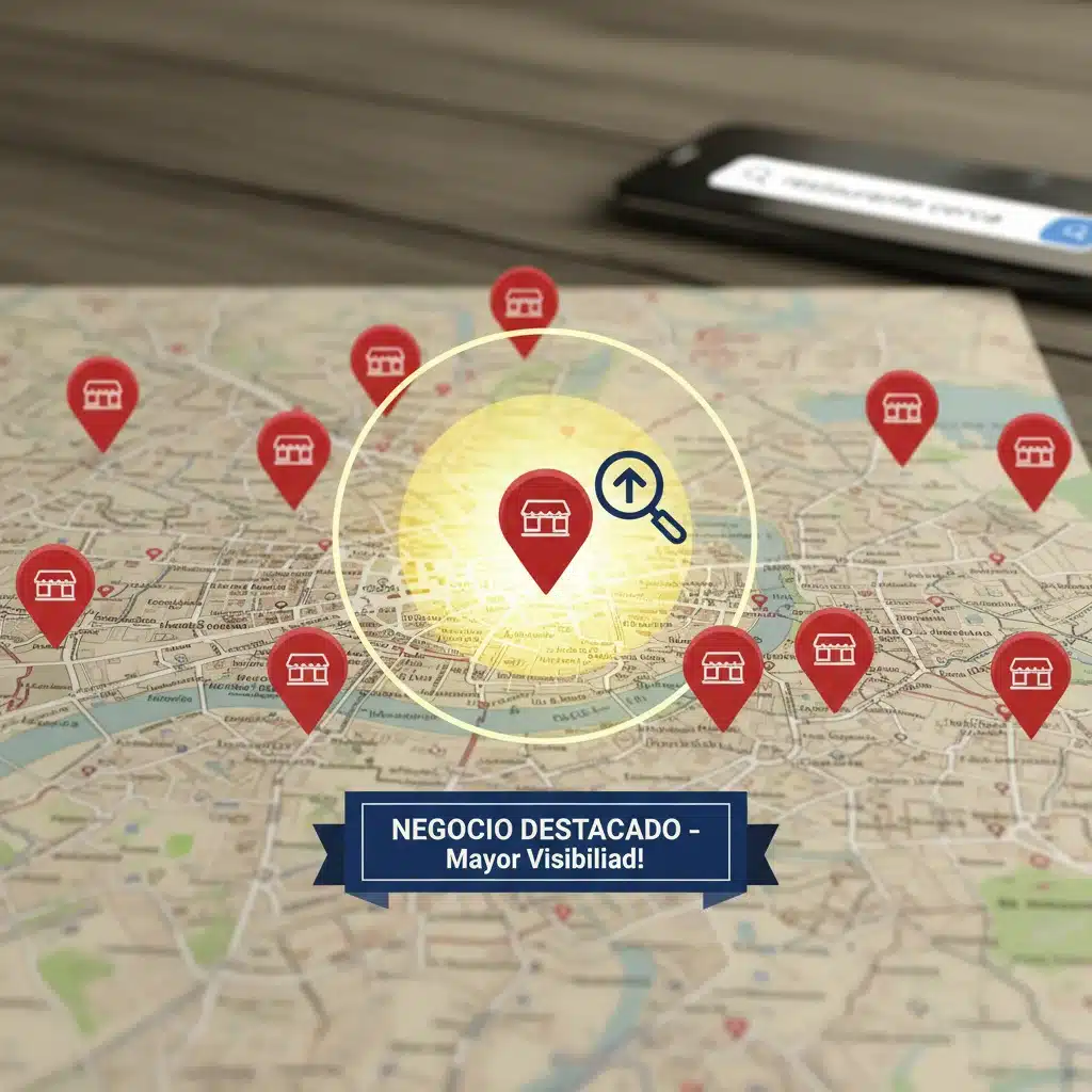 Mapa de ciudad española mostrando negocios locales y éxito de SEO Local España