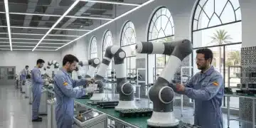 Robots colaborativos y operarios trabajando juntos en una línea de montaje de una fábrica moderna en España.