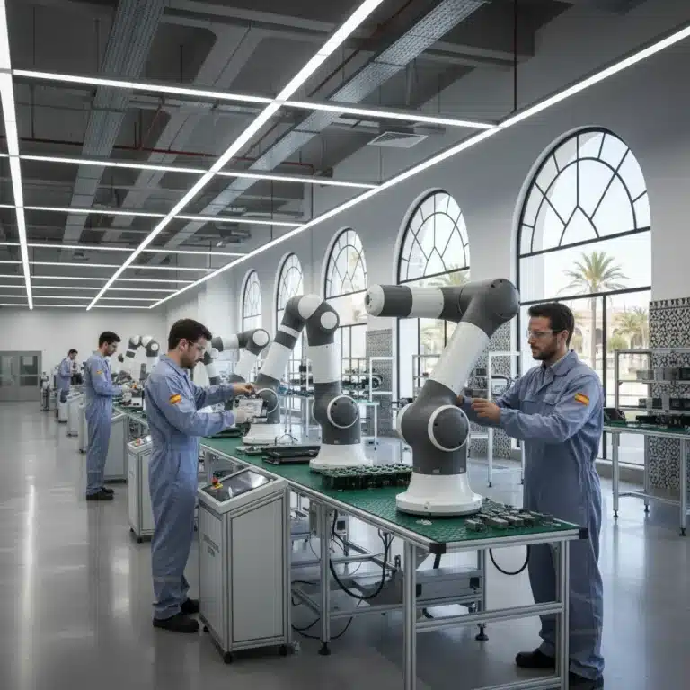 Robots colaborativos y operarios trabajando juntos en una línea de montaje de una fábrica moderna en España.