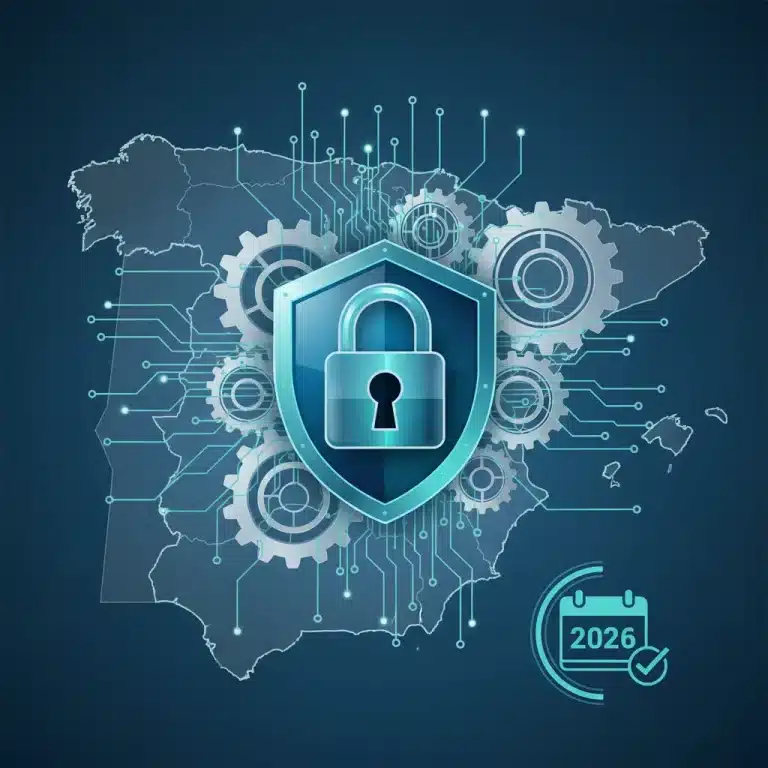 Icono de seguridad de datos con mapa de España y el año 2026, representando nuevas regulaciones de privacidad.