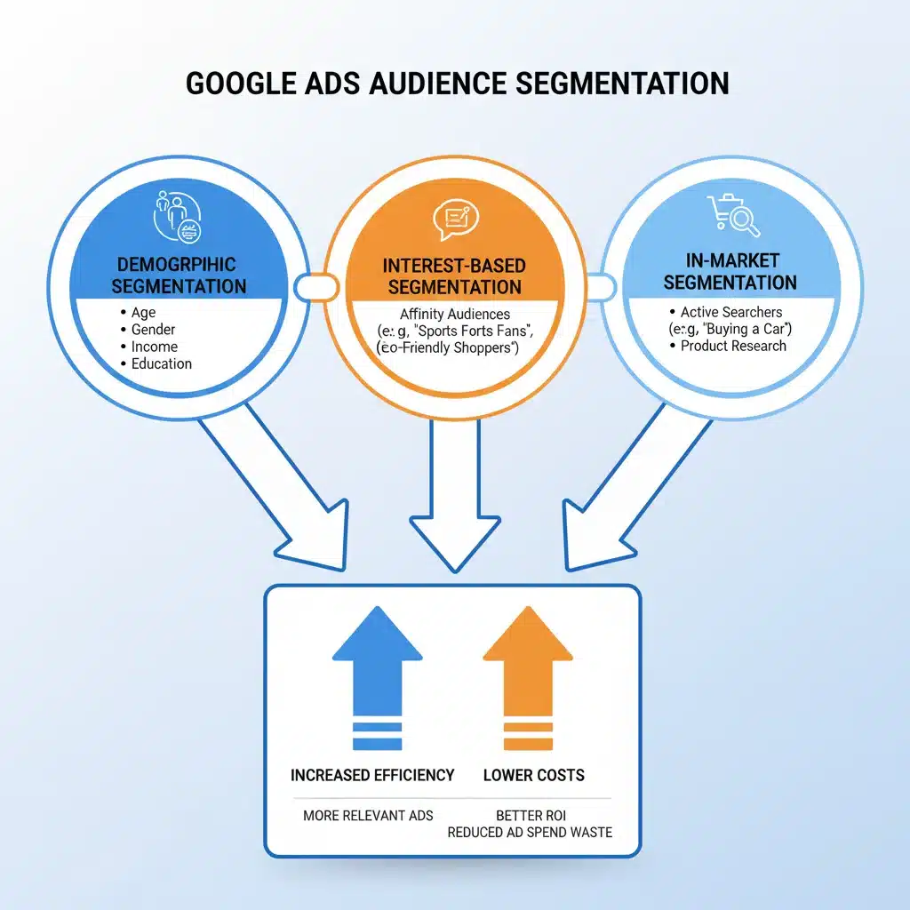 Infografía explicando los tipos de segmentación de audiencia en Google Ads para optimizar campañas.