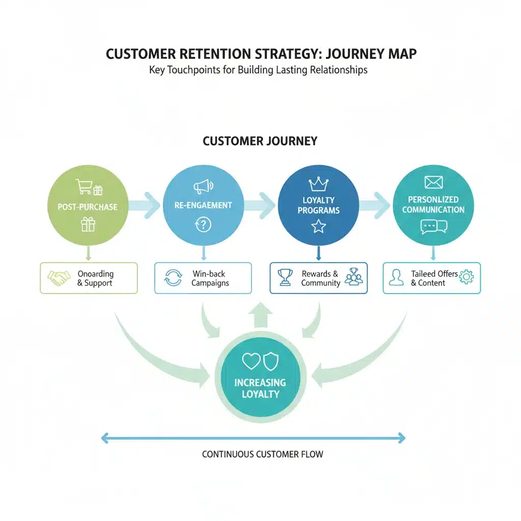 Infografía del viaje del cliente con puntos clave de retención y fidelización
